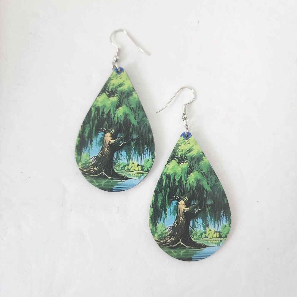 Green Willow “Tree Of Life” Double Sided Wooden Tear Drop Shaped Dangle Earrings